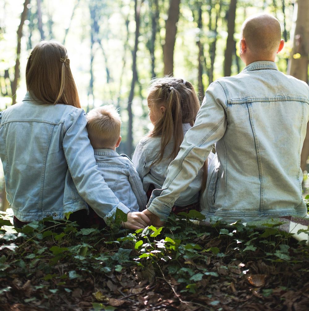 Mutter und Vater und zwei Kinder sitzen auf einer Waldlichtung. Ansicht von hinten.